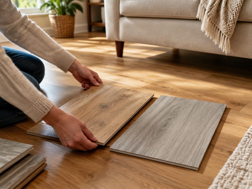 Comparing flooring samples on a living room floor