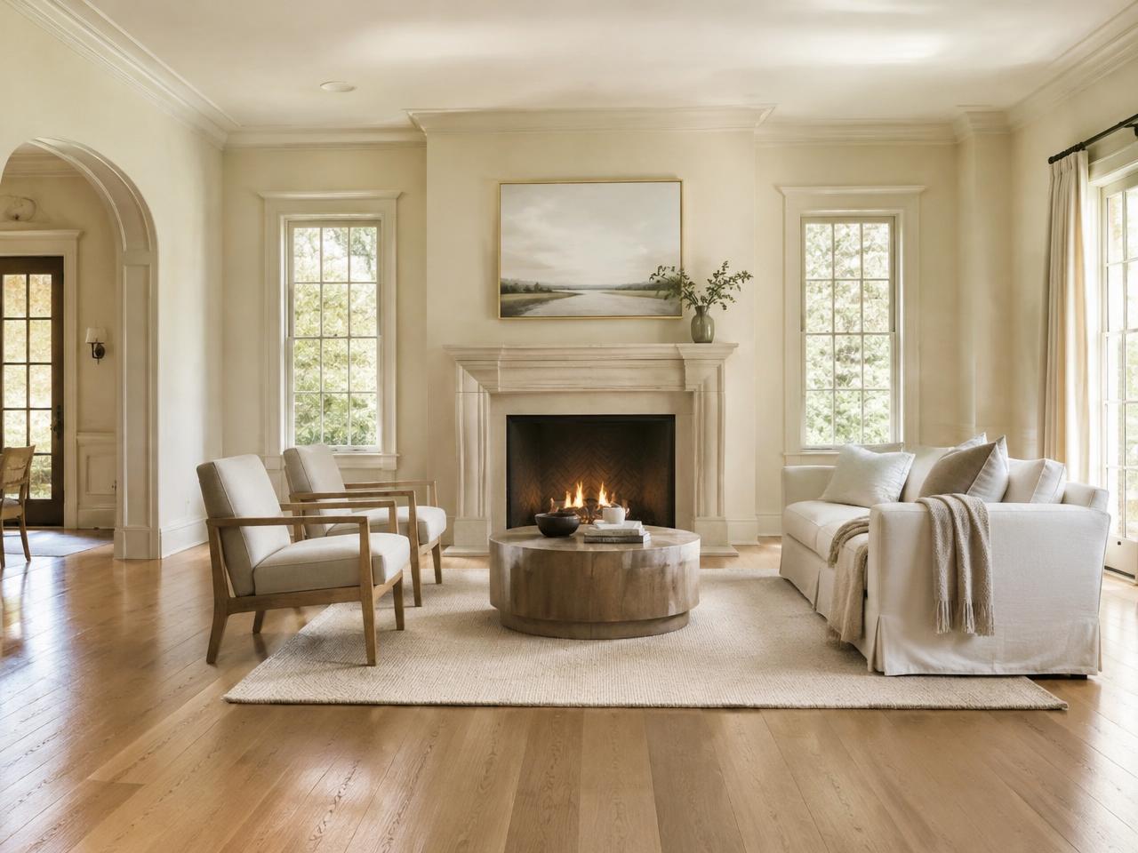 Living room with wide-plank oak hardwood floors